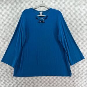 Chicos Travelers Top Women 3 XL/16 Teal Slinky Stretch V-Neck Long Sleeve Blouse